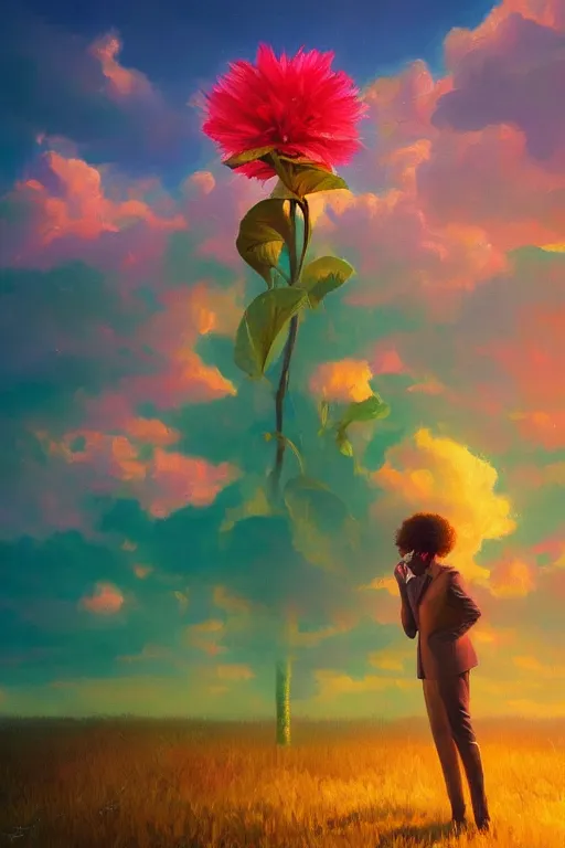 Image similar to closeup, giant flower as head, black woman in suit, surreal photography, golden hour, colorful clouds, impressionist painting, digital painting, artstation, simon stalenhag