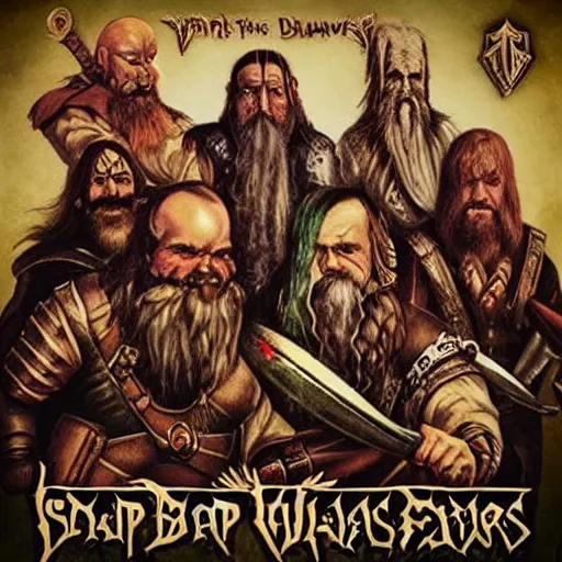 Prompt: album cover for an album of an epic fantasy metal band composed of five fantasy dwarfs, the band is called the sharp dwarves