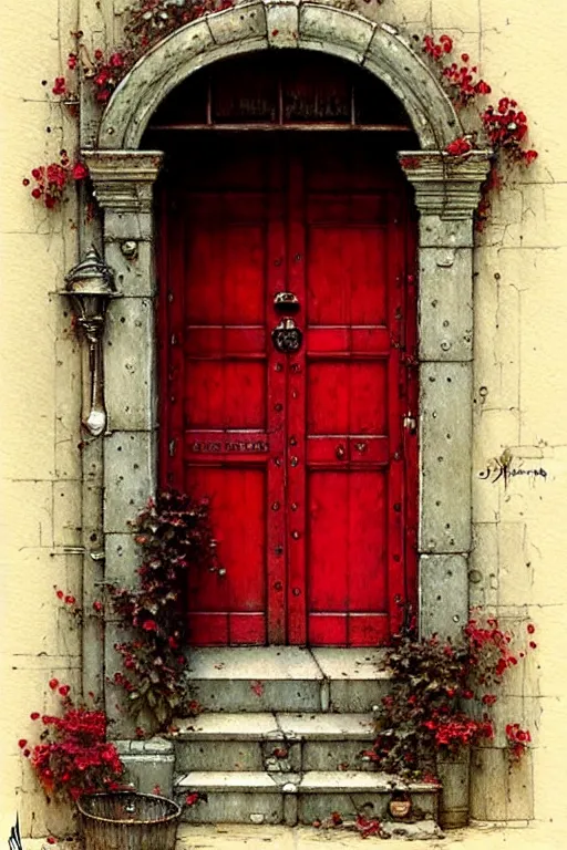 Image similar to ( ( ( ( ( decaorated red door, intricate. muted colors. ) ) ) ) ) by jean - baptiste monge!!!!!!!!!!!!!!!!!!!!!!!!!!!