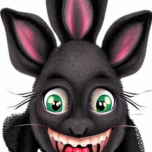 Image similar to A extremely highly detailed majestic hi-res beautiful, highly detailed head and shoulders portrait of a scary terrifying, horrifying, creepy black cartoon rabbit with scary big eyes, earing a shirt laughing in the style of Walt Disney