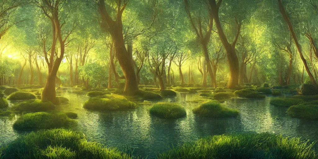 Prompt: immaculate forest with trees spaced at equidistant intervals between circular pools of water on the ground, with light flitering through the trees by pixar, fairytale, magic realism, dynamic camera angle, deep 3 point perspective.