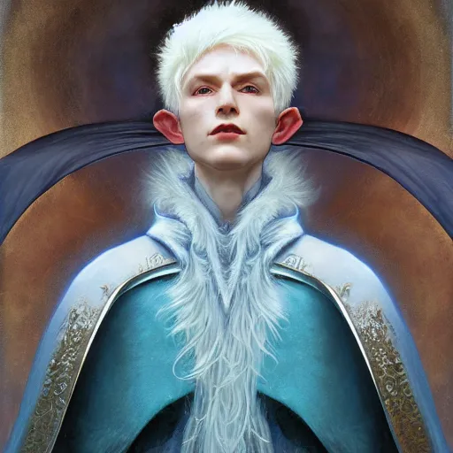 Prompt: a close - up portrait of an androgynous handsome male snow elf in a turquoise cape and silver armour, albino skin, winter vibes, elegant, very coherent symmetrical artwork, by tomasz alen kopera and alphonse mucha and charlie bowater, photorealistic