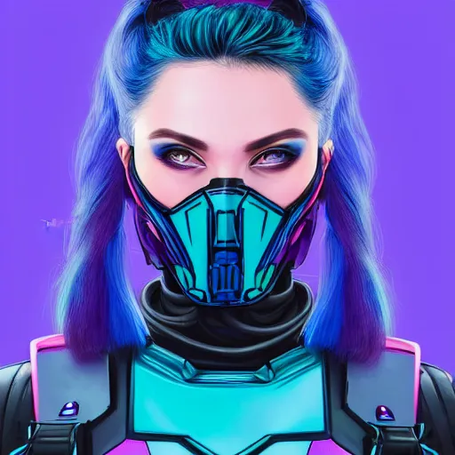 Image similar to a stunning upper body portrait of a beautiful young woman wearing futuristic navy blue and teal battle bodyarmor and pauldrons and ombre purple and pink hairstyle with hair blowing in the wind, by marvel comics, outrun, vaporware, highly detailed, fine detail, intricate, digital art, trending on artstation