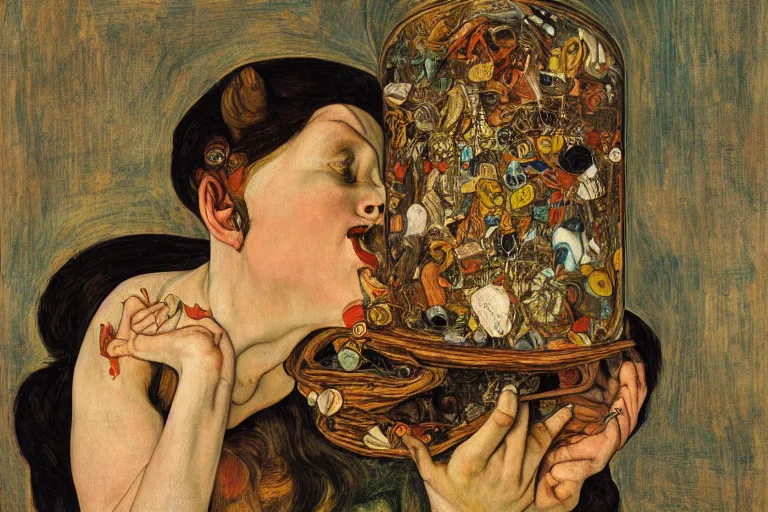 Prompt: a painting of pandora opening her jar, releasing insects and critters that impersonate sickness and death, personification of misery in the style of realism and artemisia gentileschi and egon schiele