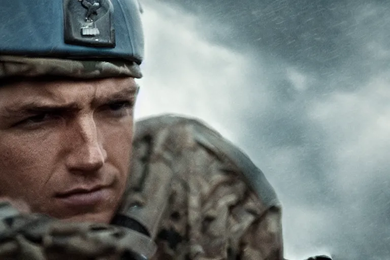 Prompt: a cinematic headshot photograph of a soldier, stormy weather, dry, film still, cinematic, dramatic lighting, blue color theme, by zack snyder