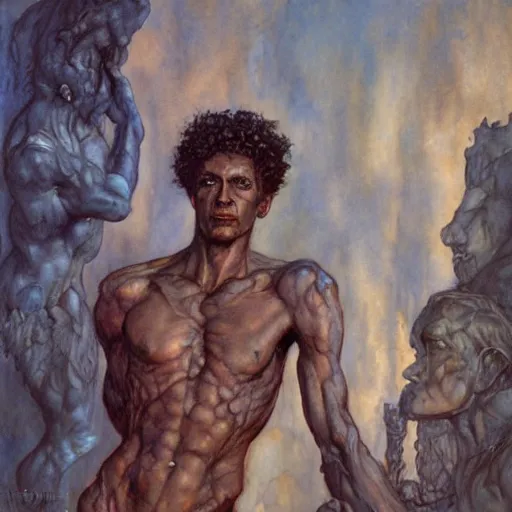 Prompt: Roguish Picaro Dsurion stands at the gates of Hades Hand Crafted By Rodin. Painting by Donato Giancola Jeff Simpson stamp watercolor