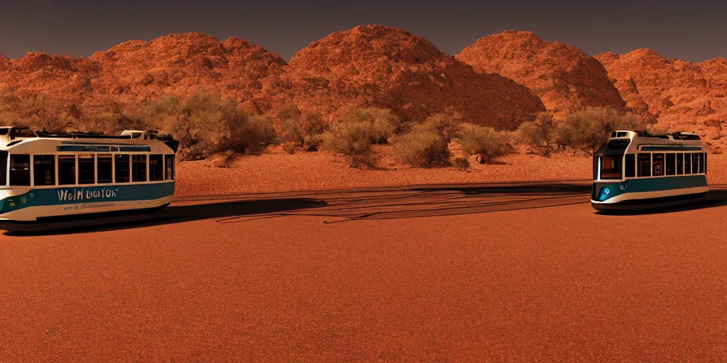 Image similar to tram in the desert ， worldcreator ， 4 k resolution, ultra wide angle, cinematic, octane render