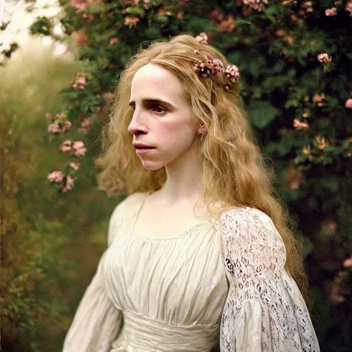 Prompt: Kodak Portra 400, 8K, soft lighting, volumetric lighting, highly detailed, brit marling style 3/4 ,portrait photo of a beautiful woman how pre-Raphaelites painter, a beautiful lace dress and hair are intricate with highly detailed realistic beautiful flowers , Realistic, Refined, Highly Detailed, natural outdoor soft pastel lighting colors scheme,faded colors, outdoor fine art photography, Hyper realistic, photo realistic