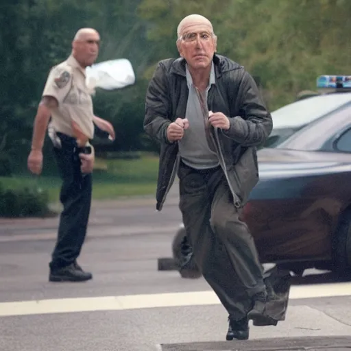 Image similar to Live Action Still of Larry David evading the cops in Breaking Bad, real life, hyperrealistic, ultra realistic, realistic, highly detailed, detailed, very detailed, cool, ultra detailed, very realistic, trending on artstation, epic, HD quality, 8k resolution, body and headshot, film still, real, detailed face, very detailed face, real life