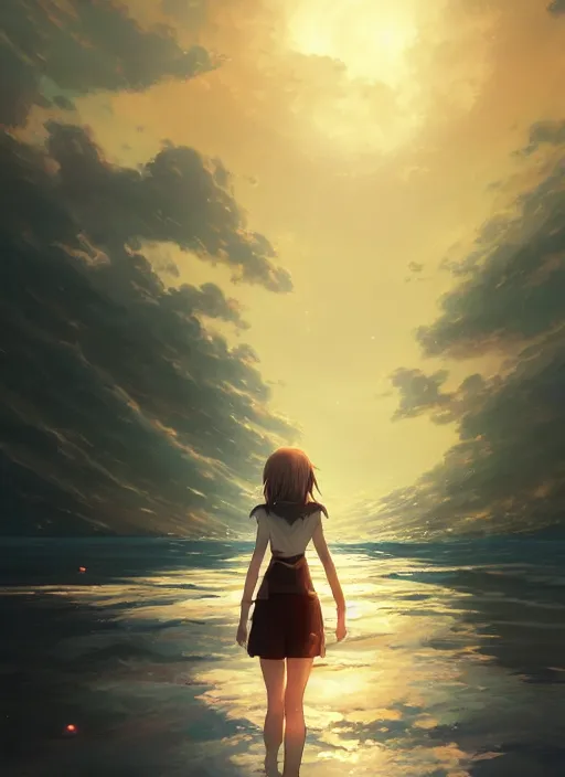 Image similar to anime girl walking on water, ripples, reflections in water, backdrop of dawn, saturn in the background, illustration, concept art, anime, key visual, trending pixiv fanbox by wlop and greg rutkowski and makoto shinkai and studio ghibli