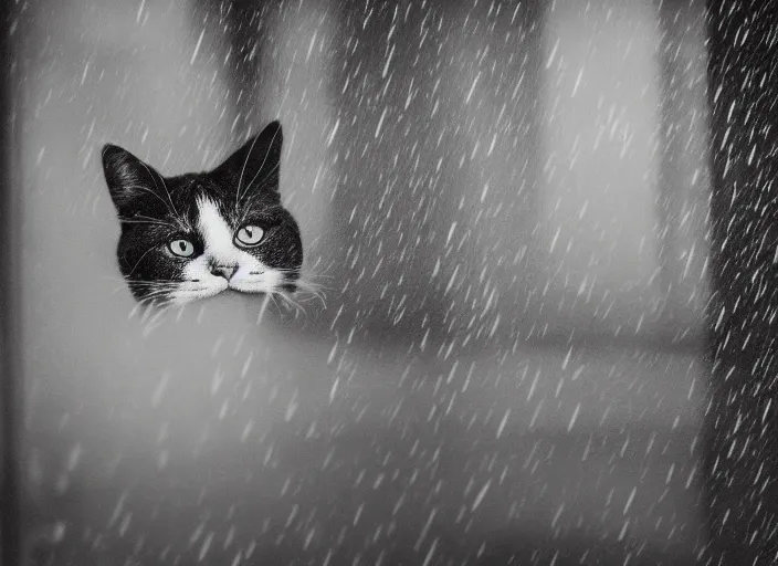 Image similar to photography of a Cat . watching outside the window while it rains. on a bed. in a room full of vinyls and posters, photorealistic, raining award winning photo, 100mm, sharp, high res