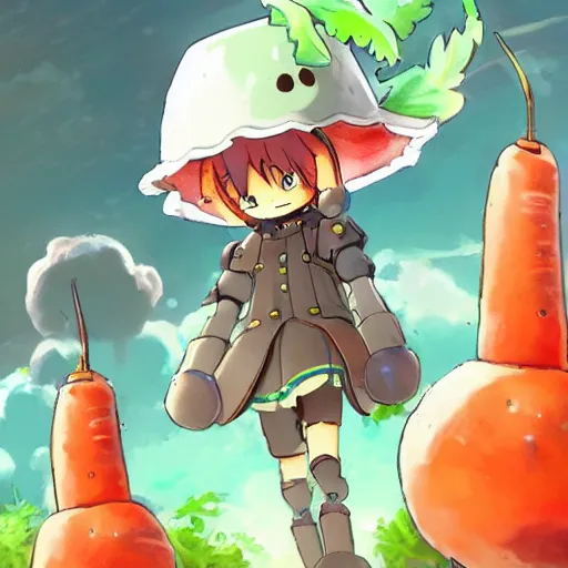 Image similar to cute robot with big tomato hat and a carrot sword, made in abyss style