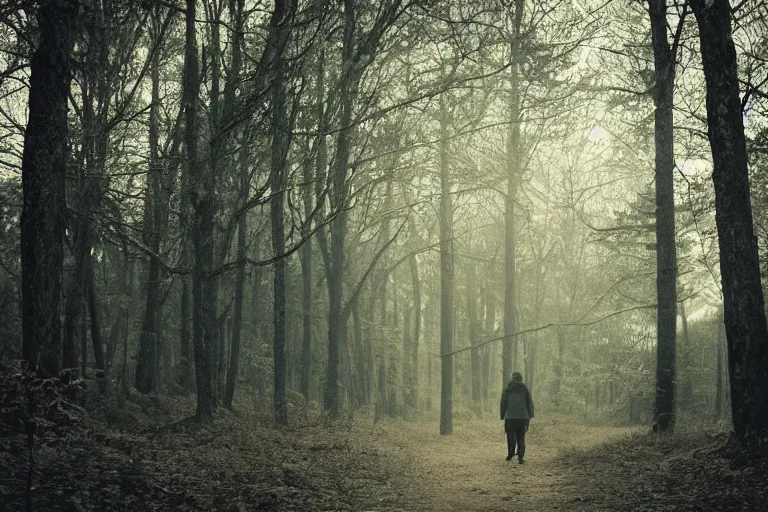 Image similar to a walking man in a forrest, Moody light, beautiful trees, insanely detailed