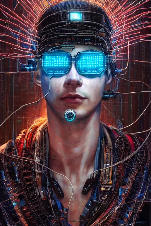 Image similar to stunning highly detailed portrait of a neuromancer hacker with cyber headgear surrounded by wires, complimetary colors, oil on canvas, strong lighting, by Greg Staples, HD, 4K