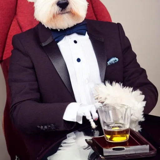 Prompt: dapper well dressed west highland white terrier in a tuxedo drinking scotch and smoking a cigar