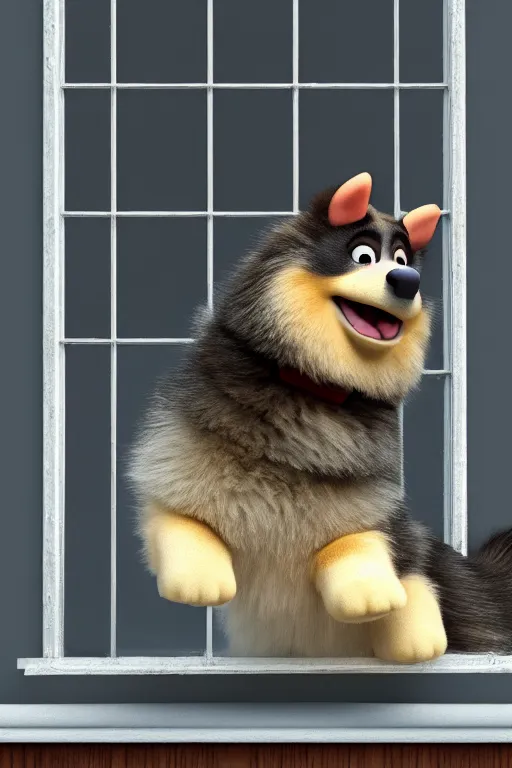 Image similar to happy finnish lapphund dog holding a crown at house window. Pixar Disney 4K 3d render funny animation movie Oscar winning trending on ArtStation and Behance. Ratatouille style.