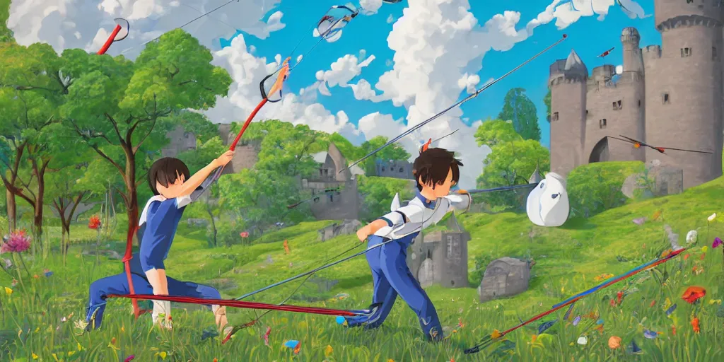 Prompt: a young boy practicing archery in the backyard of a castle, illustration, digital art, flat painting, vivid colors, flat colors, cinematic, surreal, wide angle, made by chiho aoshima, inspired by studio ghibli, trending on artstation, detailed