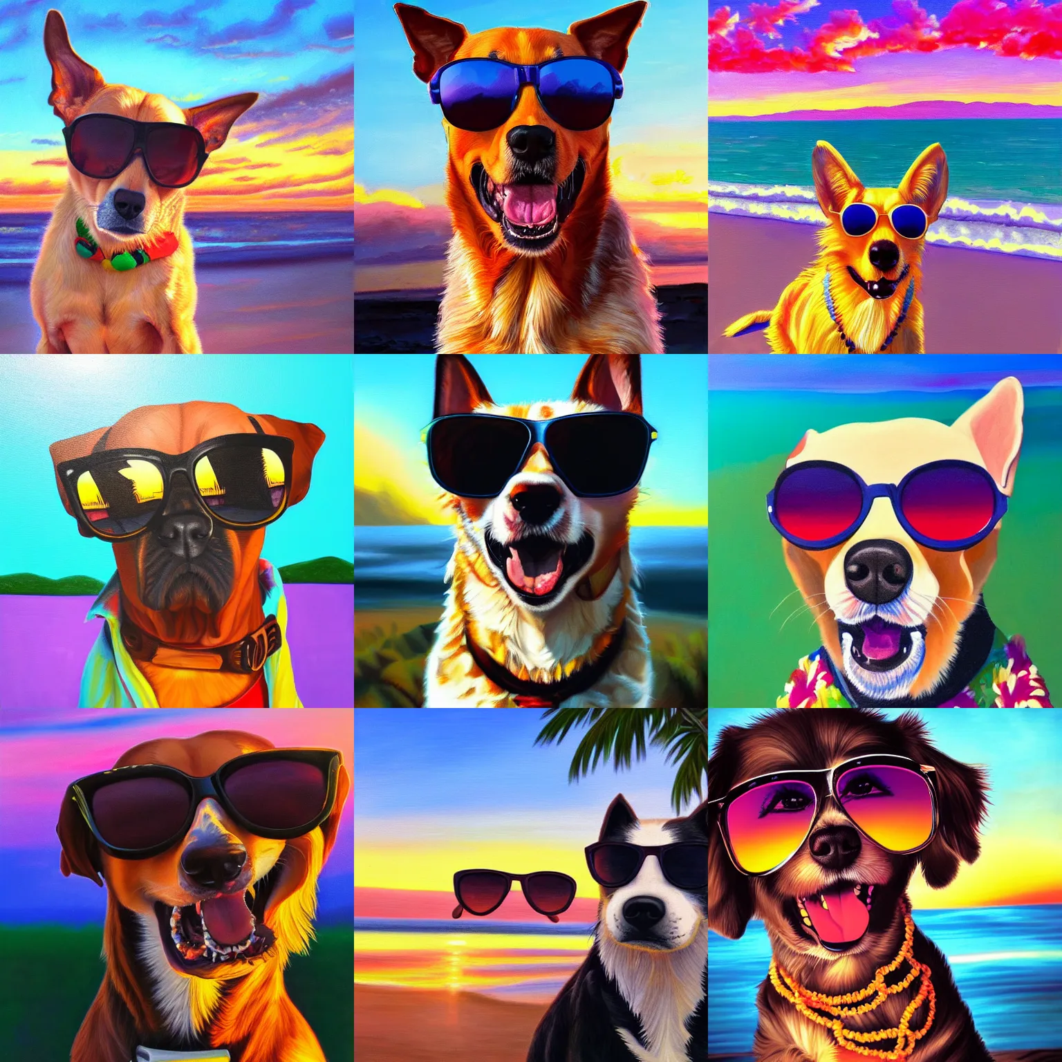 Prompt: portrait painting of a happy dog wearing sunglasses and a hawaiian shirt in the sunset, photorealism, beautiful light, high detail, soft light, anime