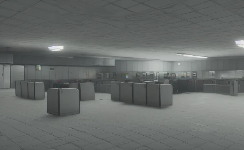 Prompt: screenshot of game on unreal engine 5, a large white empty breakroom with a security checkpoint, photorealistic, retrofuturism, brutalism, minimalist, soft vintage glow