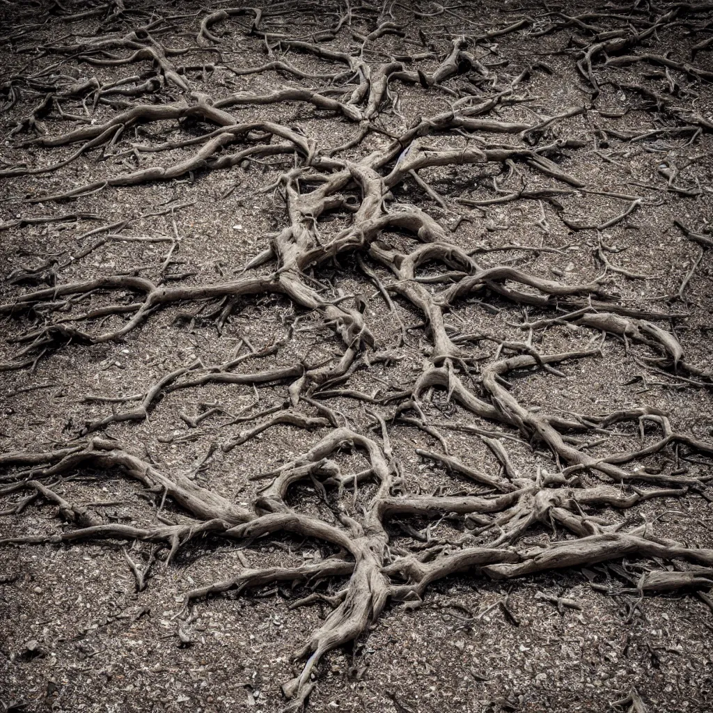 Prompt: a dry and dead tree in a forest of coal and eroded stones, dust, wind, dirt, advertising photography