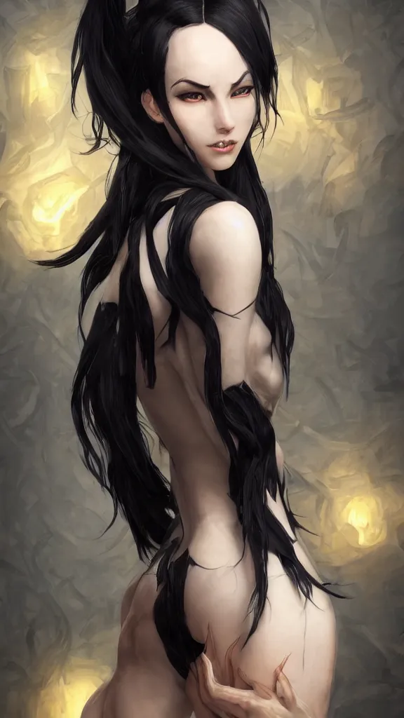 Image similar to tall woman with black hair and pale skin, from league of legends, as human, au naturel, hyper detailed, digital art, trending in artstation, cinematic lighting, studio quality, smooth render, unreal engine 5 rendered, octane rendered, art style by klimt and nixeu and ian sprigger and wlop and krenz cushart!