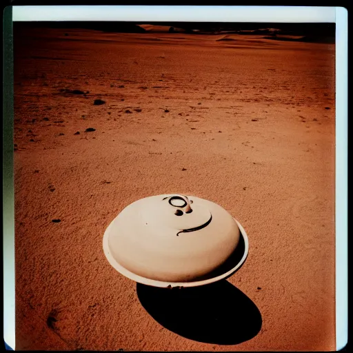 Image similar to a polaroid photograph of a flying saucer in the desert