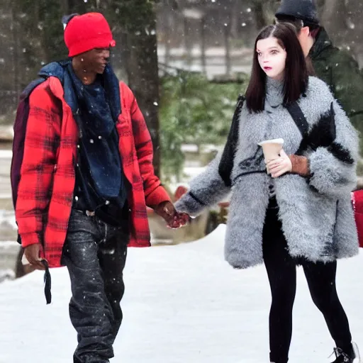 Image similar to travis scott dating anya taylor joy in central park at winter, photorealistic, dynamic light, ultra detailed, paparazzi photo