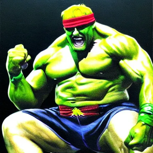 Image similar to wrestler hulk hogan, photorealistic, ring of fire, painted by simon bisley