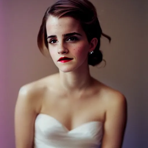 Image similar to elegant portrait of emma watson looking at the camera, pinup, boudoir, 35mm film, Porta 400, f/1.8 portrait