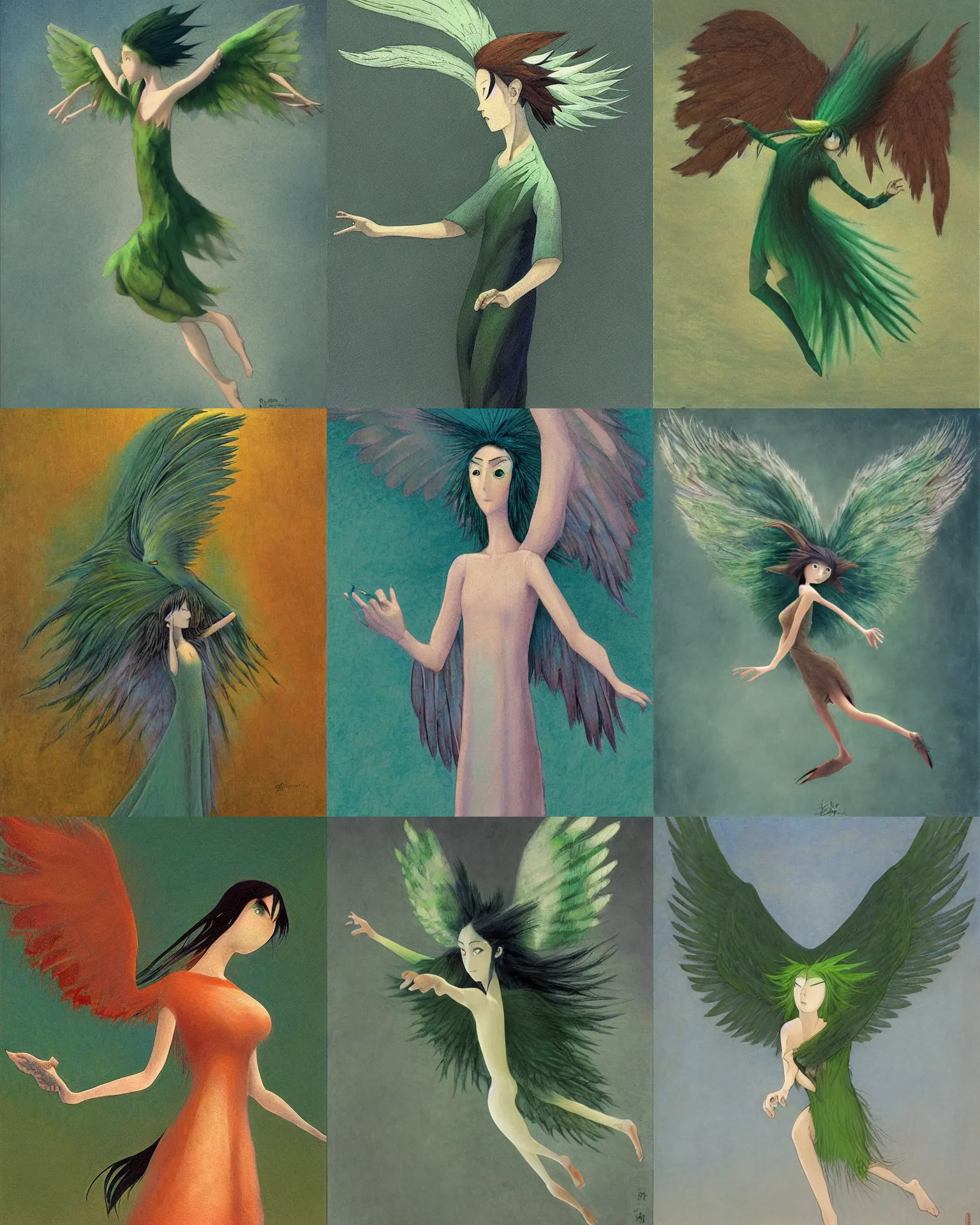 Prompt: harpy woman by shaun tan, green feathery hair, outstretched wings, style of makoto shinkai takashi takeuchi studio ghibli