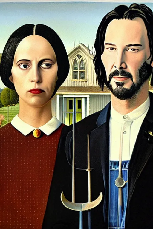 Image similar to painting of Keanu Reeves and Lady Gaga as the couple in American Gothic in the style of Grant Wood