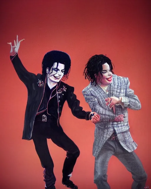 Image similar to a portrait of Michael Jackson & Michael Mcintyre dancing in front of a crowd,real life skin, intricate, highly detailed, artstation, concept art, smooth, sharp, photo