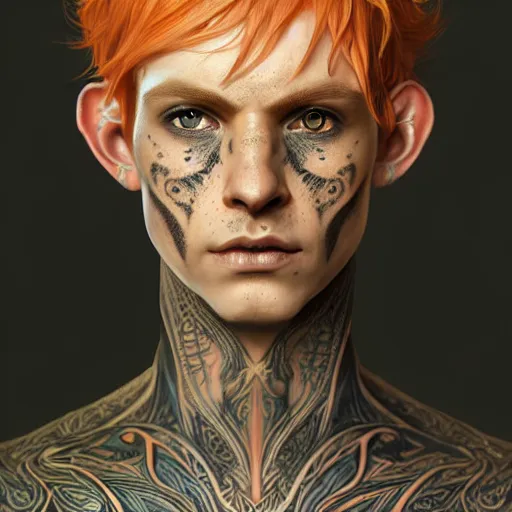 Image similar to portrait painting of an elven eladrin young man with short light orange hair and freckles and fine tribal tattoos on his cheekbones, ultra realistic, concept art, intricate details, eerie, highly detailed, photorealistic, octane render, 8 k, unreal engine. art by artgerm and greg rutkowski and charlie bowater and magali villeneuve and alphonse mucha