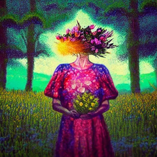 Image similar to girl with a huge flower as a face, surreal photography, dream, standing in flower field, hills, big trees, sunrise dramatic light, impressionist painting, colorful clouds, digital painting, pointillism, artstation, simon stalenhag, flower face