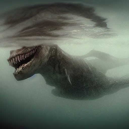 Image similar to sea monster about to eat pov underwater, pale skin, dark, foggy water, dramatic,'silent hill ', big eyes, terrifying, horrific, non - human cinematic