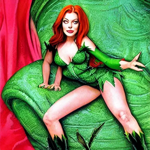 Prompt: portrait of lindsay lohan as poison ivy, wearing a green dress and floral growths, epic details by alex ross