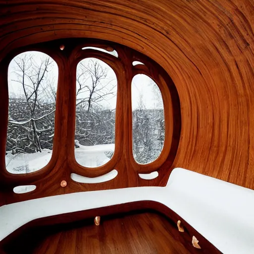 Prompt: the interior of a 1 4 0 0 s space ship carved out of wood, designed by eero saarinen, trees and snow visible through the windows