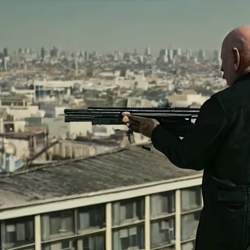 Prompt: film still of mike ehrmantraut aiming with a sniper rifle on a rooftop, 4 k, highly detailed