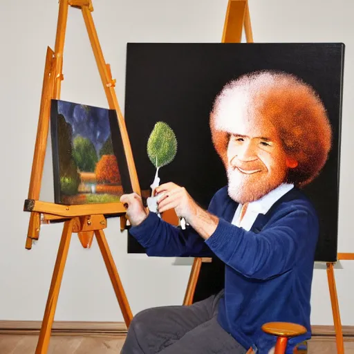 Image similar to a painting of Bob Ross sitting in front of an easel painting a picture of Bob Ross sitting at a table painting a picture of Bob Ross eating an apple, painted by Bob Ross, oil painting, trending on artstation, 8k