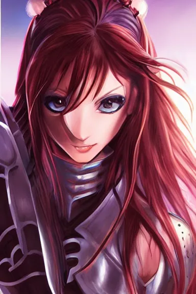 Image similar to a portrait of an attractive knight female anime character with long hair, artgerm