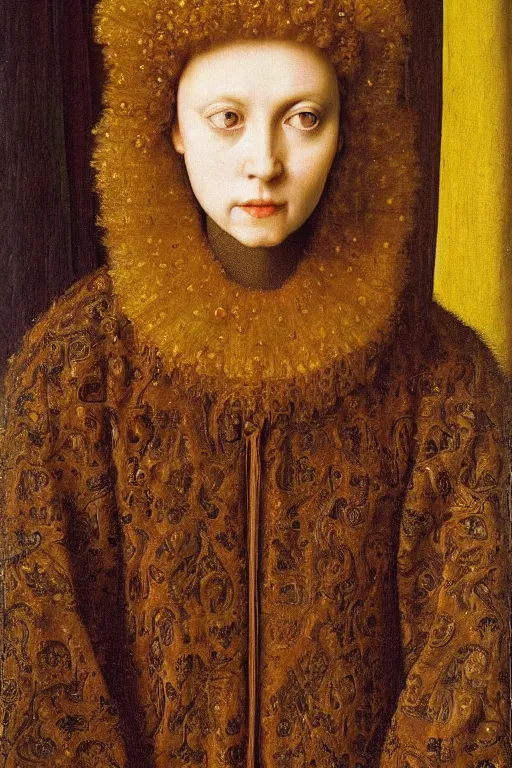 Image similar to portrait of beauty, oil painting by jan van eyck, oil on canvas, wet - on - wet technique, realistic, expressive emotions, detailed textures, illusionistic detail