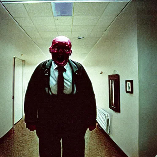 Prompt: filmic extreme wide shot dutch angle movie still 35mm film color photograph of a doctor with a missing head, his neck is spurting blood, in the style of an realistic grotesque horror film