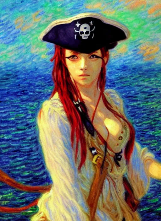 Image similar to a portrait of a female pirate, anime in impressionist style, trending artwork, 4 k, anime painter studio, by claude monet