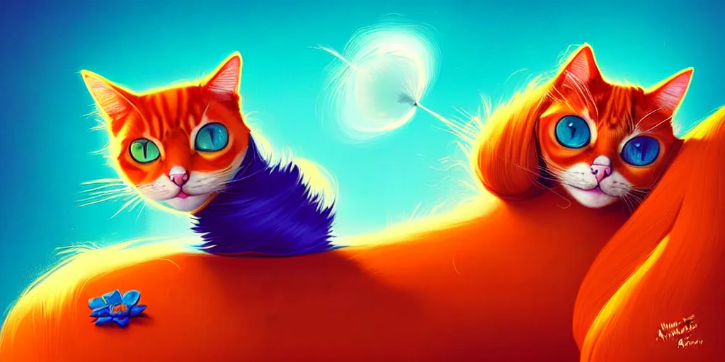 Prompt: curved perspective, extreme narrow, extreme fisheye, digital art of a female cat with ginger hairstyle with blue flower in her hair by anton fadeev from nightmare before christmas