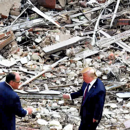 Prompt: a wide shot of Rudy Giuliani and Donald Trump holding hands on top of the world trade center rubble pile in new york