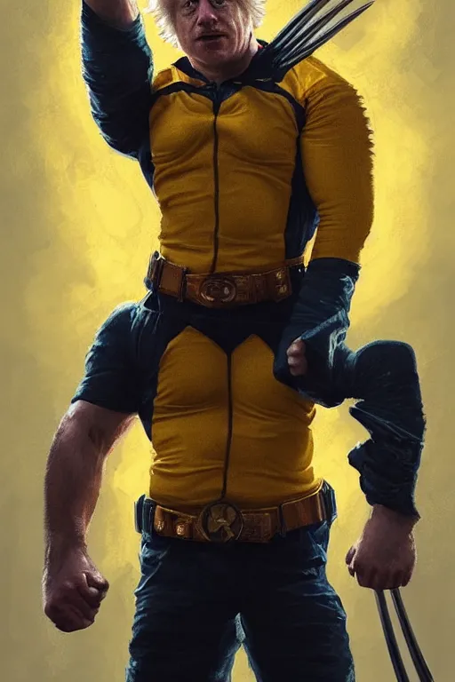 Image similar to Boris Johnson as movie Wolverine, claws are up, yellow X-man costume, Boris Johnson hairstyle, calm, grumpy, portrait, masculine figure, highly detailed, digital painting, artstation, concept art, smooth, sharp focus, illustration, cinematic lighting, art by artgerm and greg rutkowski and alphonse mucha