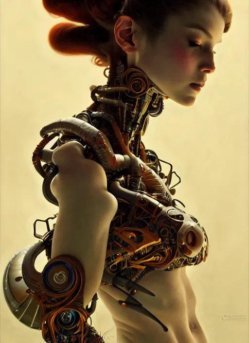 Image similar to organic cyborg, geisha, diffuse lighting, fantasy, intricate, elegant, highly detailed, lifelike, photorealistic, digital painting, artstation, illustration, concept art, smooth, sharp focus, art by John Collier and Albert Aublet and Krenz Cushart and Artem Demura and Alphonse Mucha