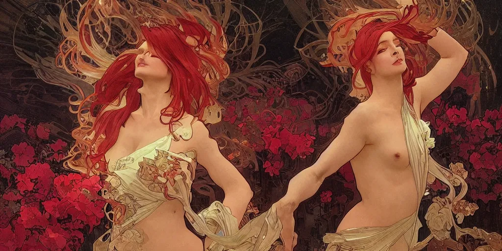 Image similar to Dreamt in 9.15s for @matthew_h_k's !dream arcs of flame, water splashes, shards of mercury, dramatic lighting, secret cypher, red flowers, solar flares, intricate art by artgerm and alphonse mucha and greg rutkowski