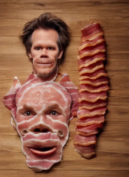 Image similar to bacon in the shape of a human face, human face made out of bacon, kevin bacon made out of bacon, professional food photography, unreal engine