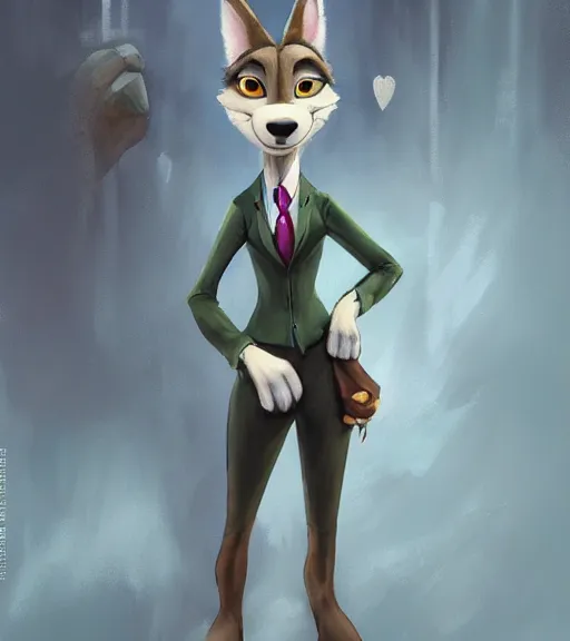 Image similar to oil painting of full body of anthromorphic female wolf, in style of zootopia, zootopia, zootopia, fursona, furry, furaffinity, 4 k, deviantart, furry art, fursona art, wearing black business suit, business suit, in style of zootopia, wolf fursona, cyberpunk, female, expressive detailed feminine face,
